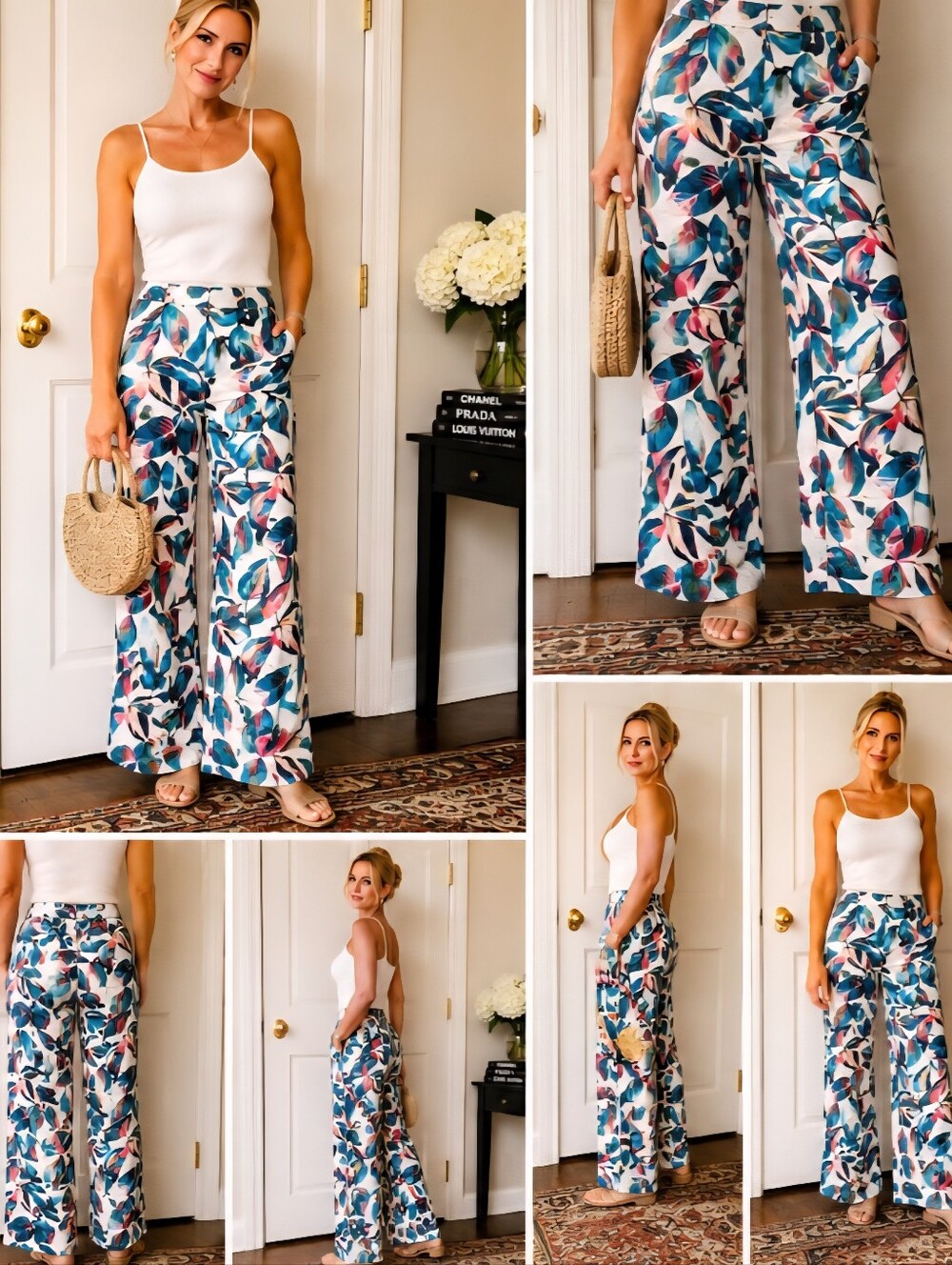 Lightweight Onia Teal, Coral & White Wide-Leg Leaf-Print Pants